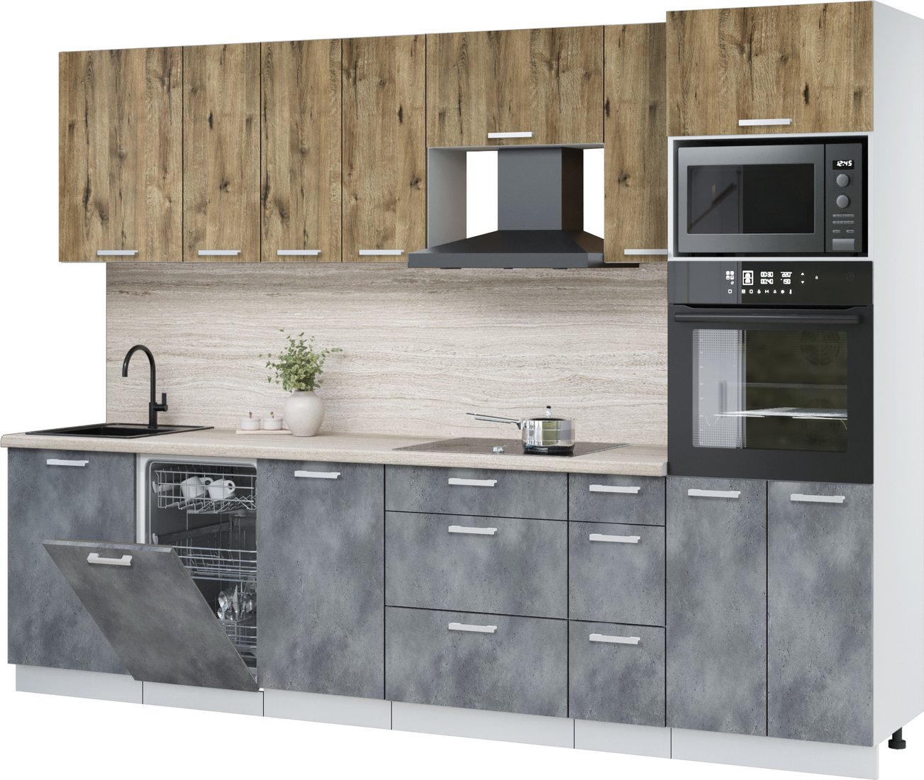 

Готовая кухня Интерлиния Мила Лайт 2.9-ПМ3 (дуб веллингтон/бетон портленд/травертин серый)