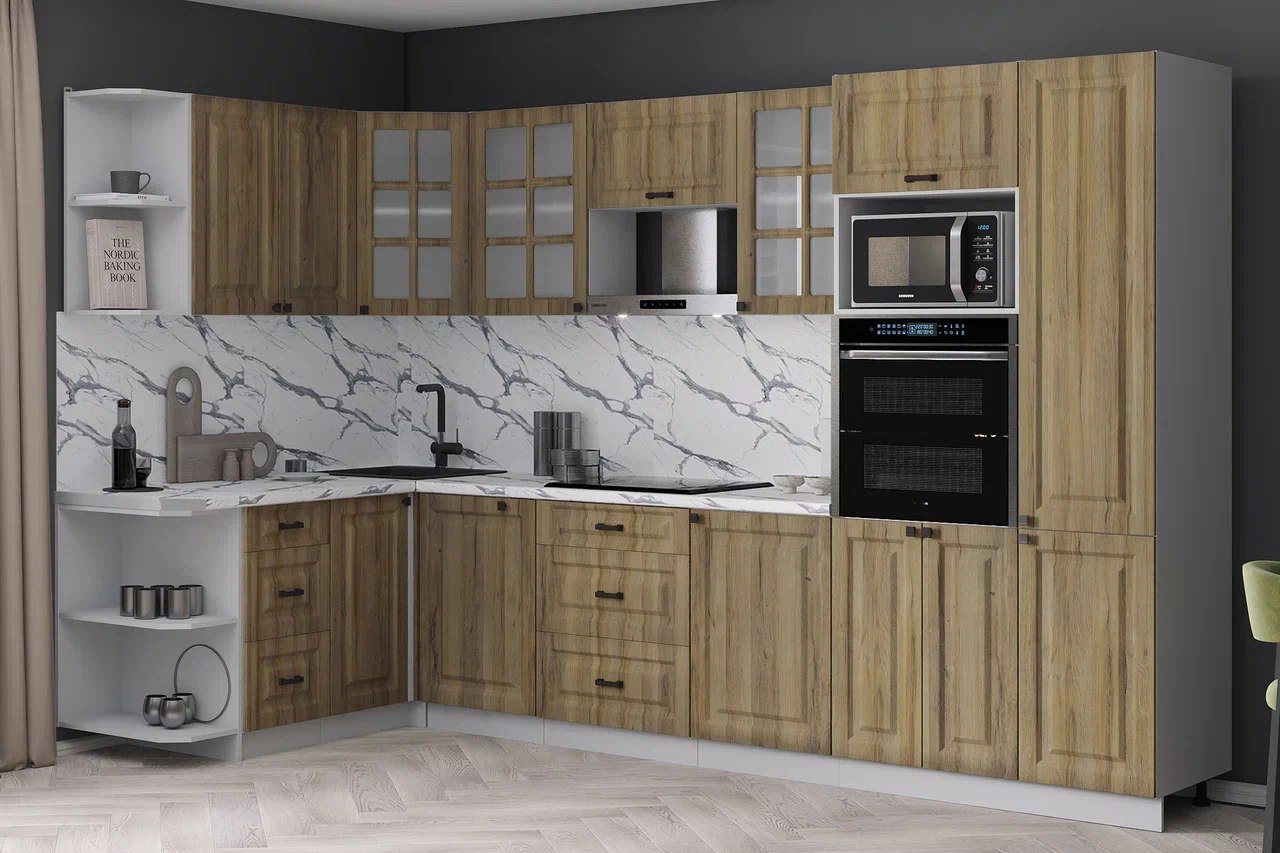 

Готовая кухня Интерлиния Мила Деко 1.68x3.2 LV (дуб вотан/дуб вотан/белый гранит)