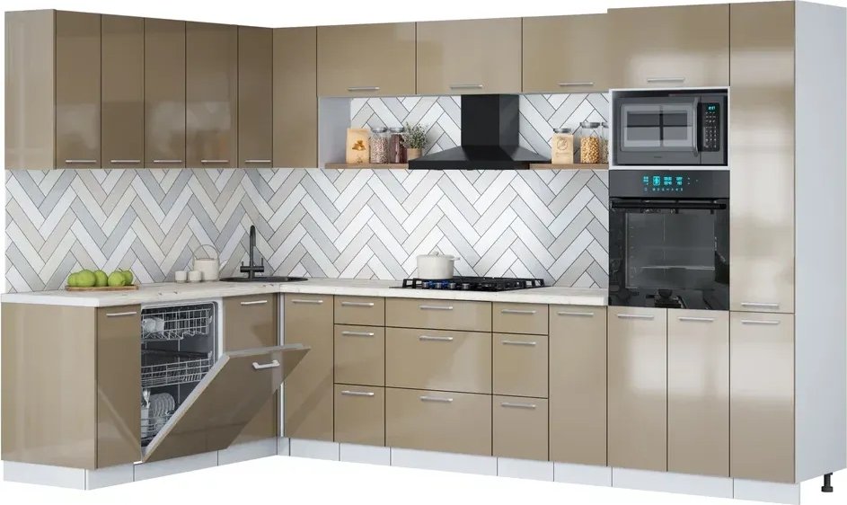 

Готовая кухня Интерлиния Мила Gloss 1.896х3.28 (капучино глянец/капучино глянец/бискайская сосна)