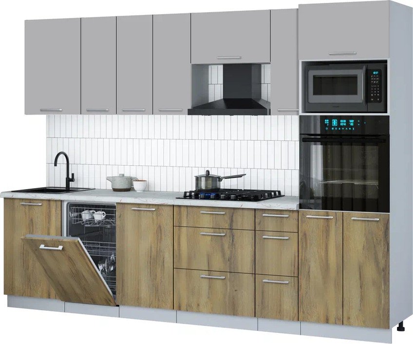 

Готовая кухня Интерлиния Мила Gloss 2.9-ПМ3 (дуб вотан/грей/серый каспий)