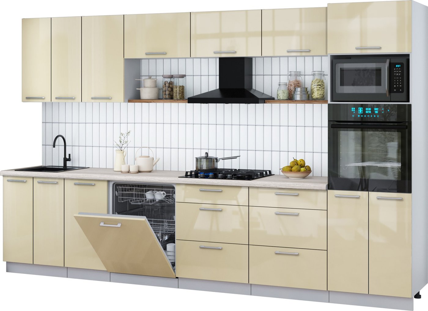 

Готовая кухня Интерлиния Мила Gloss 3.4-ПМ1-2 (ваниль глянец/ваниль глянец/травертин серый)