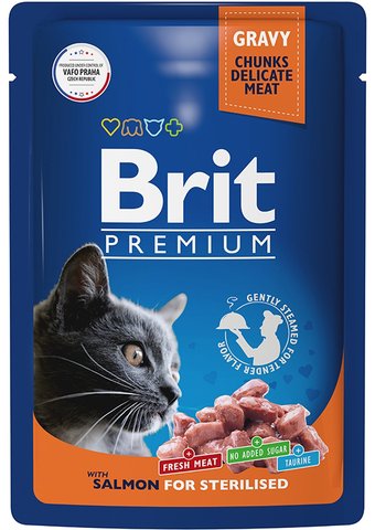 Пресервы Brit Premium для взрослых стерилизованных кошек с лососем в соусе 85 г
