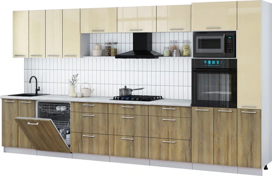 

Готовая кухня Интерлиния Мила Gloss 3.9-ПМ1 (дуб вотан/ваниль глянец/серый каспий)