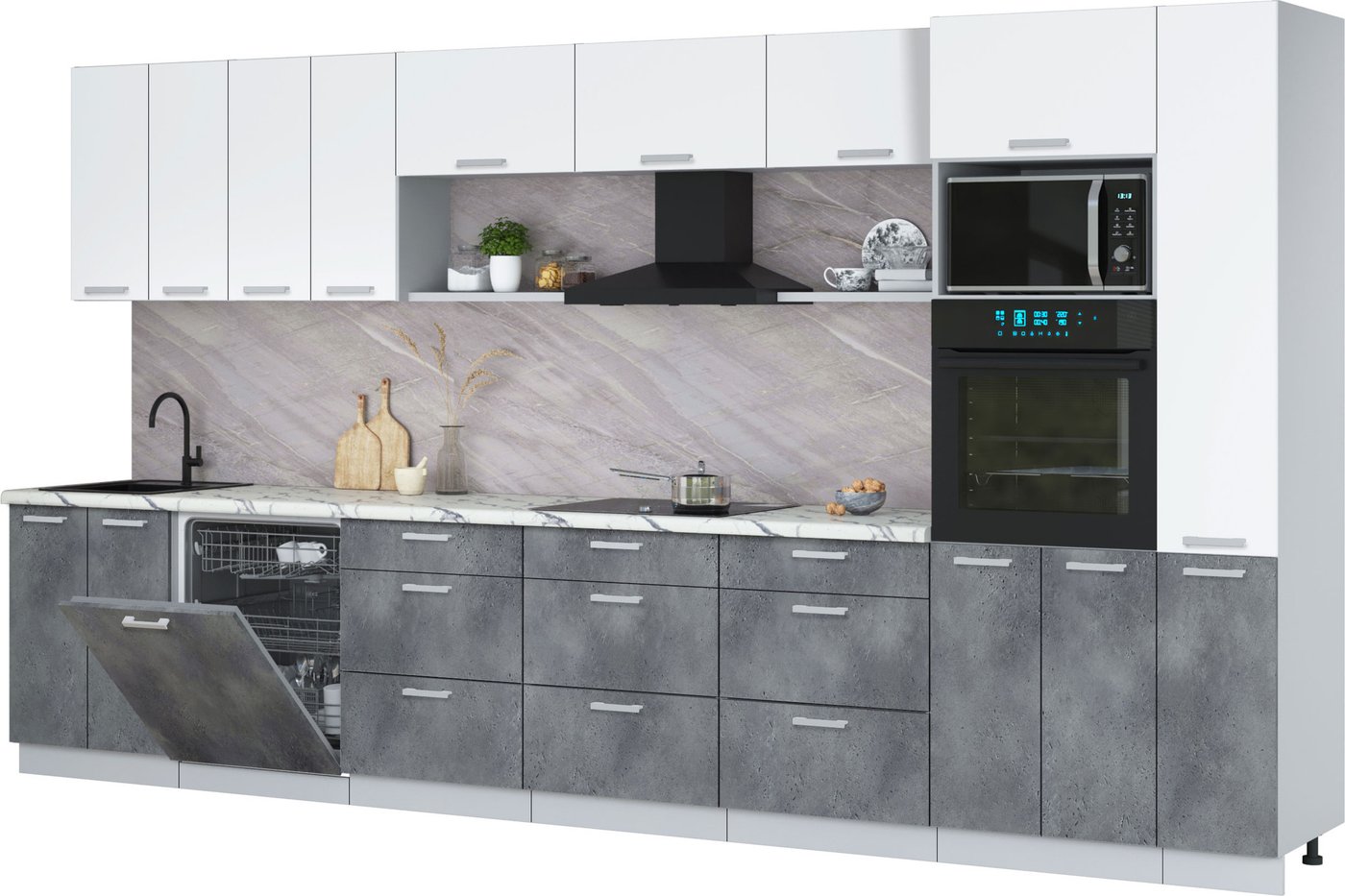 

Готовая кухня Интерлиния Мила Лайт 3.9-ПМ1 (белый платинум/бетон портленд/белый гранит)