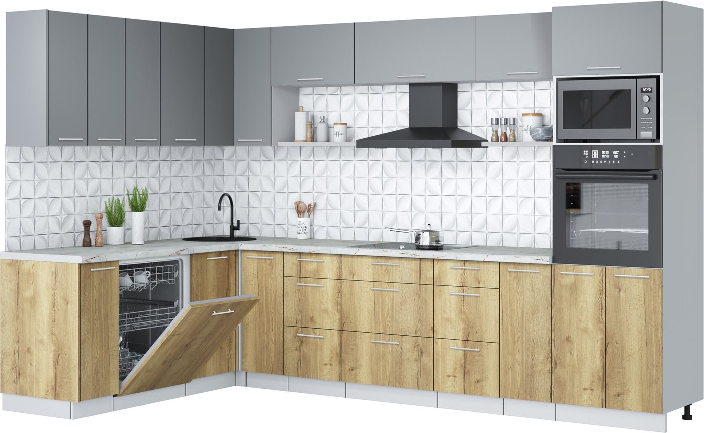 

Готовая кухня Интерлиния Мила Лайт 1.896х3.18 (серебро/дуб золотой/серый каспий)