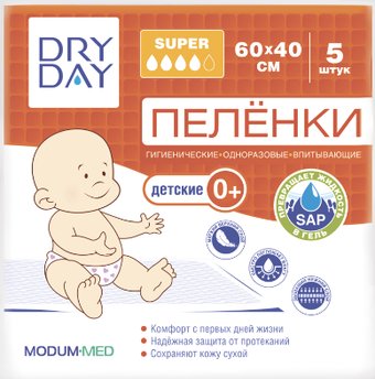 Пеленка одноразовая Modum Dry Day Super детские 0+ 60x40 (5 шт)