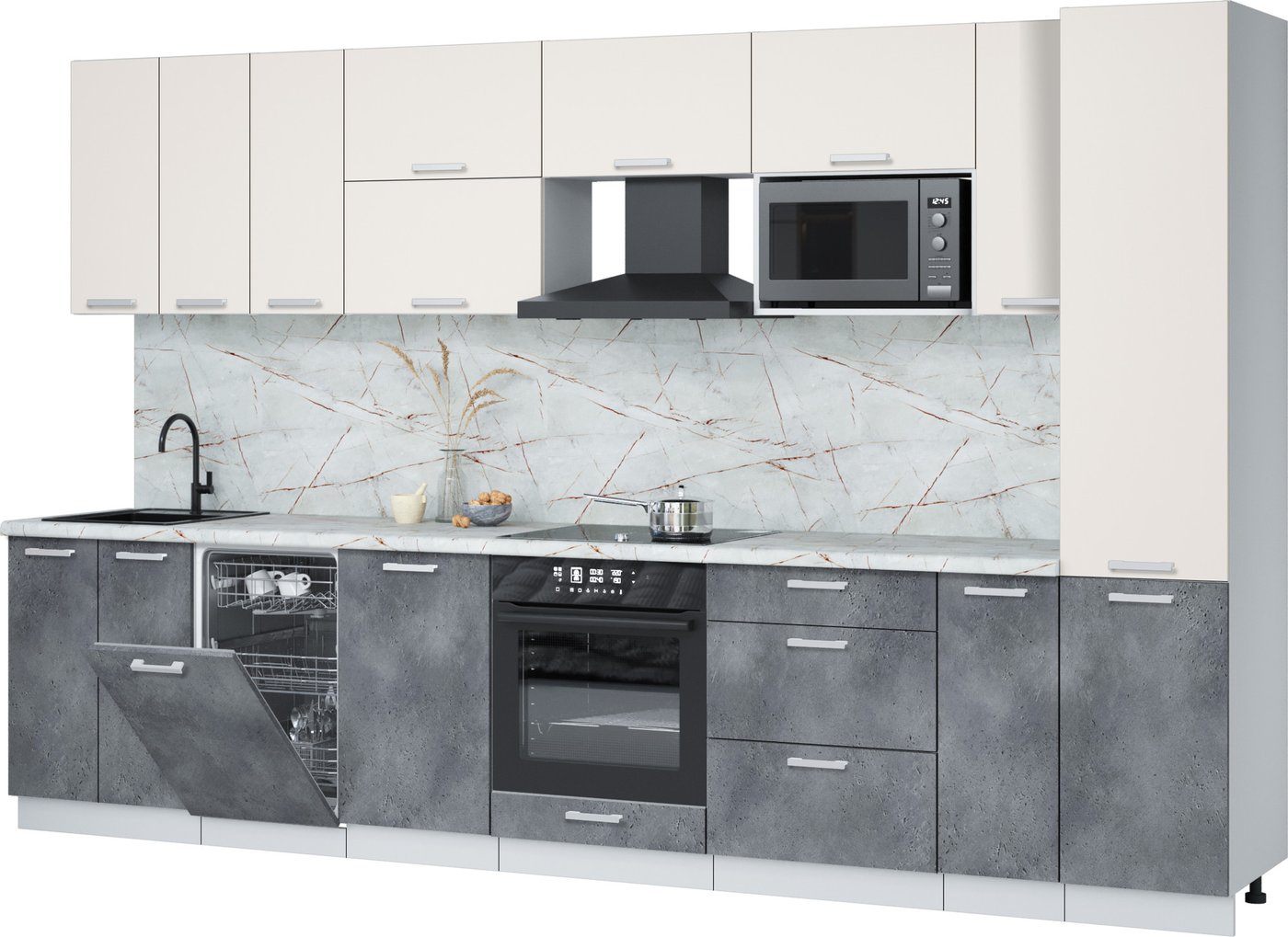 

Готовая кухня Интерлиния Мила Лайт 3.4-ПМ4 (персидский жемчуг/бетон портленд/серый каспий)