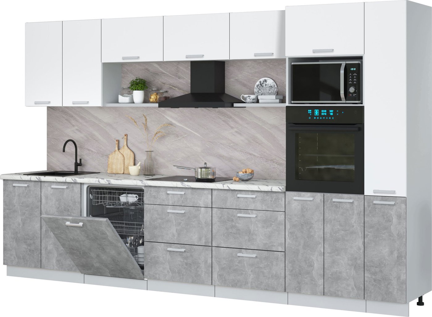 

Готовая кухня Интерлиния Мила Лайт 3.5-ПМ1 (белый платинум/бетон/белый гранит)