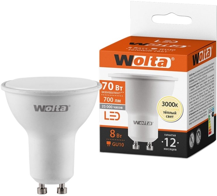 

Светодиодная лампочка Wolta 25YPAR16-230-8GU10 8Вт 3000K GU10