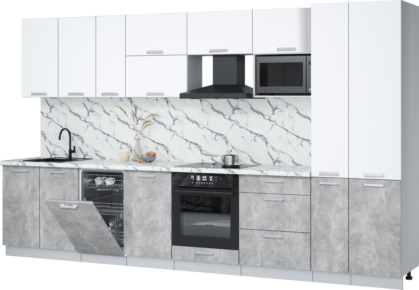 

Готовая кухня Интерлиния Мила Лайт 3.6-ПМ4 (белый платинум/бетон/белый гранит)