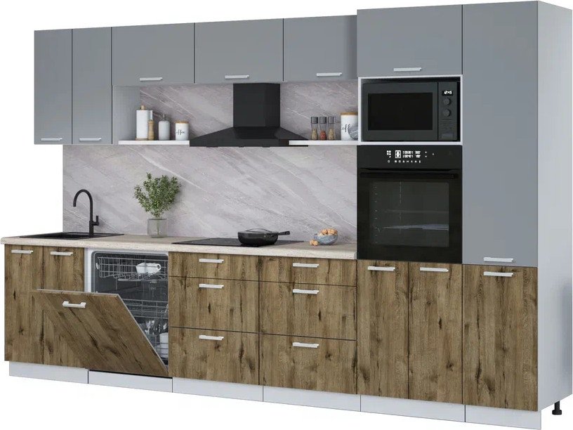 

Готовая кухня Интерлиния Мила Лайт 3.4-ПМ1 (серебро/дуб веллингтон/травертин серый)