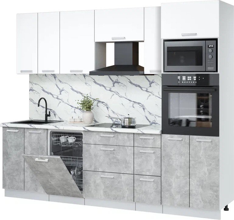 

Готовая кухня Интерлиния Мила Лайт 2.55-ПМ3 (белый платинум/бетон/белый гранит)