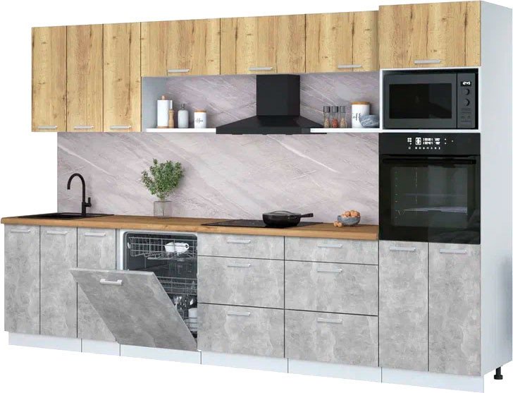 

Готовая кухня Интерлиния Мила Лайт 3.3-ПМ1-2 (дуб золотой/бетон/дуб бунратти)