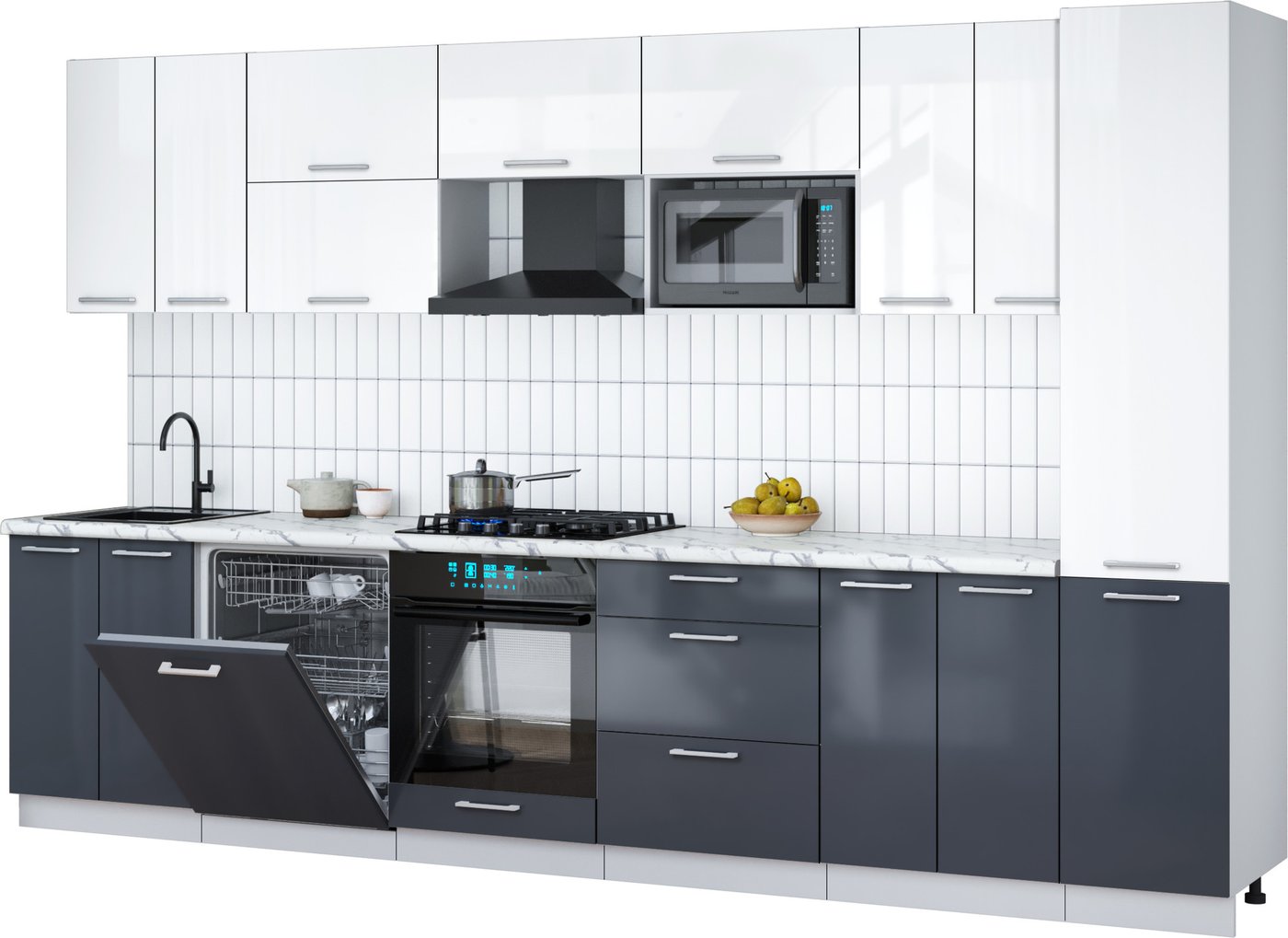 

Готовая кухня Интерлиния Мила Gloss 3.4-ПМ2 (асфальт глянец/белый глянец/белый гранит)