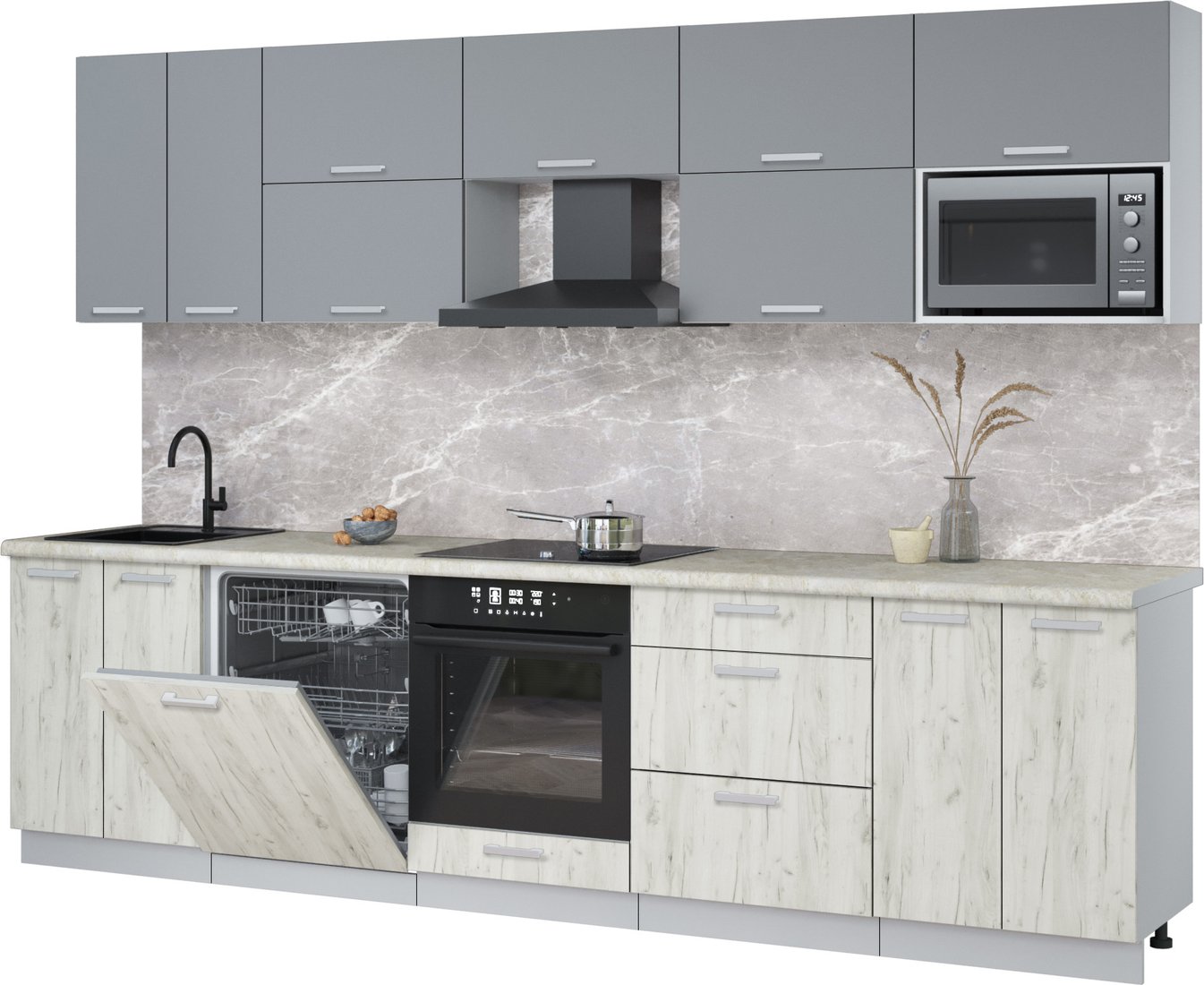 

Готовая кухня Интерлиния Мила Лайт 3.0-ПМ2 (серебро/дуб белый/опал светлый)