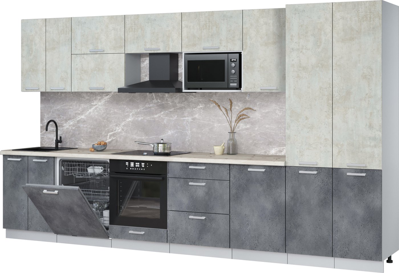 

Готовая кухня Интерлиния Мила Лайт 3.7-ПМ2 (бетон лайт/бетон портленд/бискайская сосна)