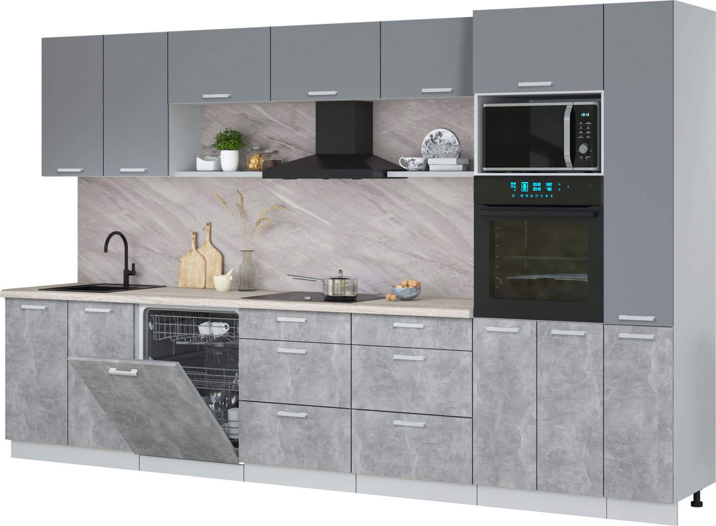 

Готовая кухня Интерлиния Мила Лайт 3.5-ПМ1 (серебро/бетон/травертин серый)