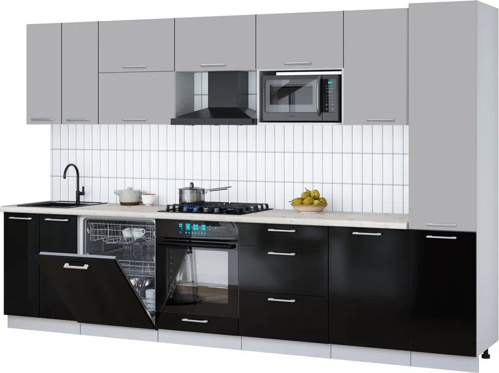 

Готовая кухня Интерлиния Мила Gloss 3.3-ПМ2 (черный глянец/грей/бискайская сосна)