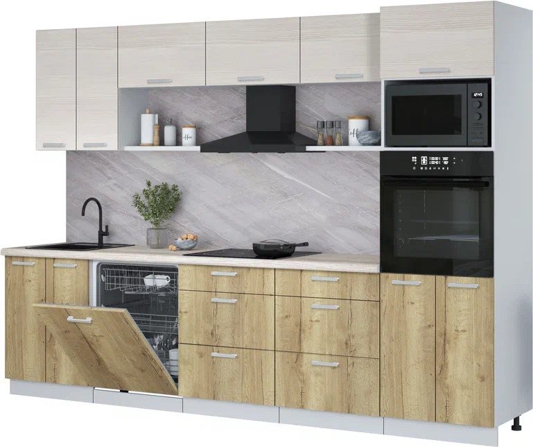 

Готовая кухня Интерлиния Мила Лайт 3.0-ПМ1 (вудлайн кремовый/дуб золотой/травертин серый)