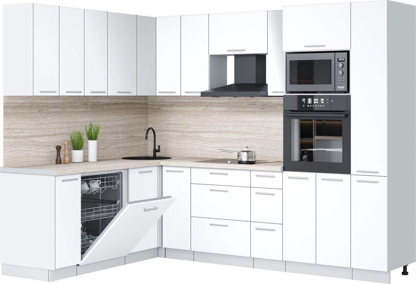 

Готовая кухня Интерлиния Мила Лайт 1.896х2.68 (белый платинум/белый платинум/травертин серый)