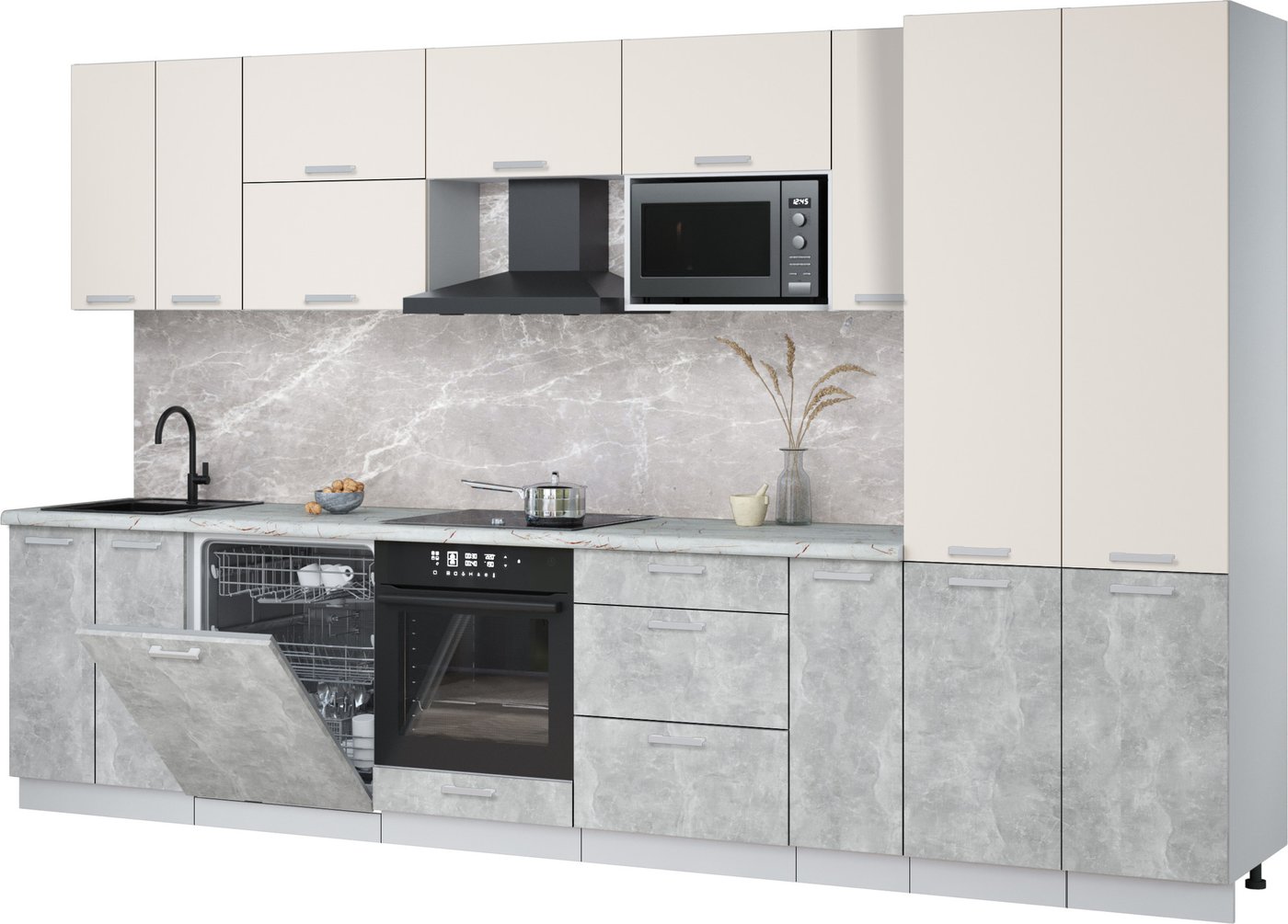 

Готовая кухня Интерлиния Мила Лайт 3.5-ПМ2 (персидский жемчуг/бетон/серый каспий)