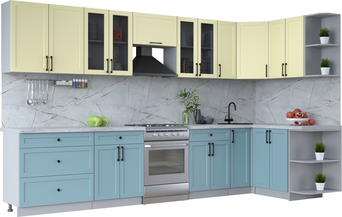 

Готовая кухня Интерлиния Тренд 1.5x3.5 правая (океан/слоновая кость/серый каспий)