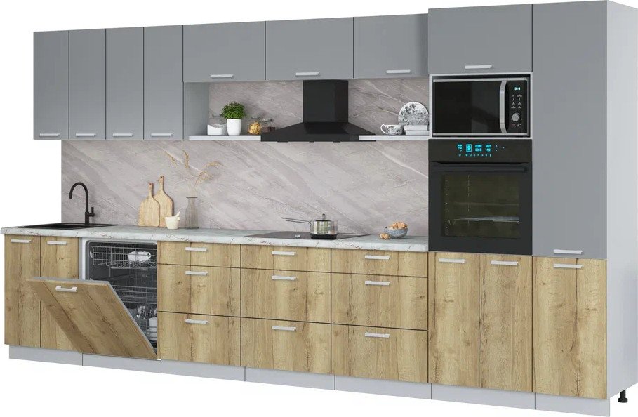 

Готовая кухня Интерлиния Мила Лайт 4.0-ПМ1 (серебро/дуб золотой/серый каспий)