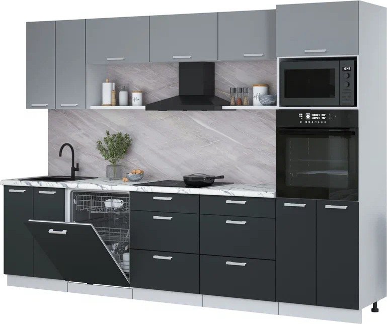 

Готовая кухня Интерлиния Мила Лайт 3.0-ПМ1 (серебро/антрацит/белый гранит)