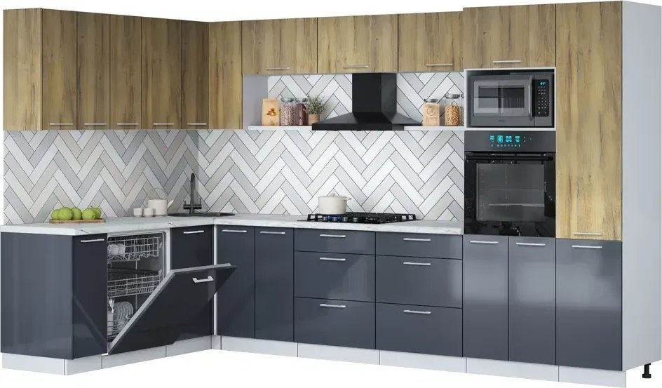 

Готовая кухня Интерлиния Мила Gloss 1.896х3.38 (асфальт глянец/дуб вотан/серый каспий)