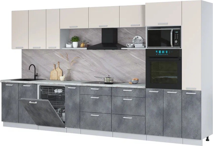 

Готовая кухня Интерлиния Мила Лайт 3.8-ПМ1 (персидский жемчуг/бетон портленд/серый каспий)