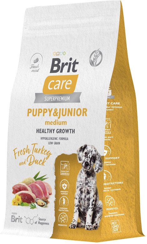Сухой корм для собак Brit Кеа Puppy&Junior M Healthy Growth с инд. и уткой 1.5 кг