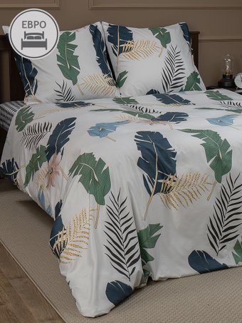 Евро комплект постельного белья Amore Mio Tropic евро 31470 (черный/белый/зеленый/синий)