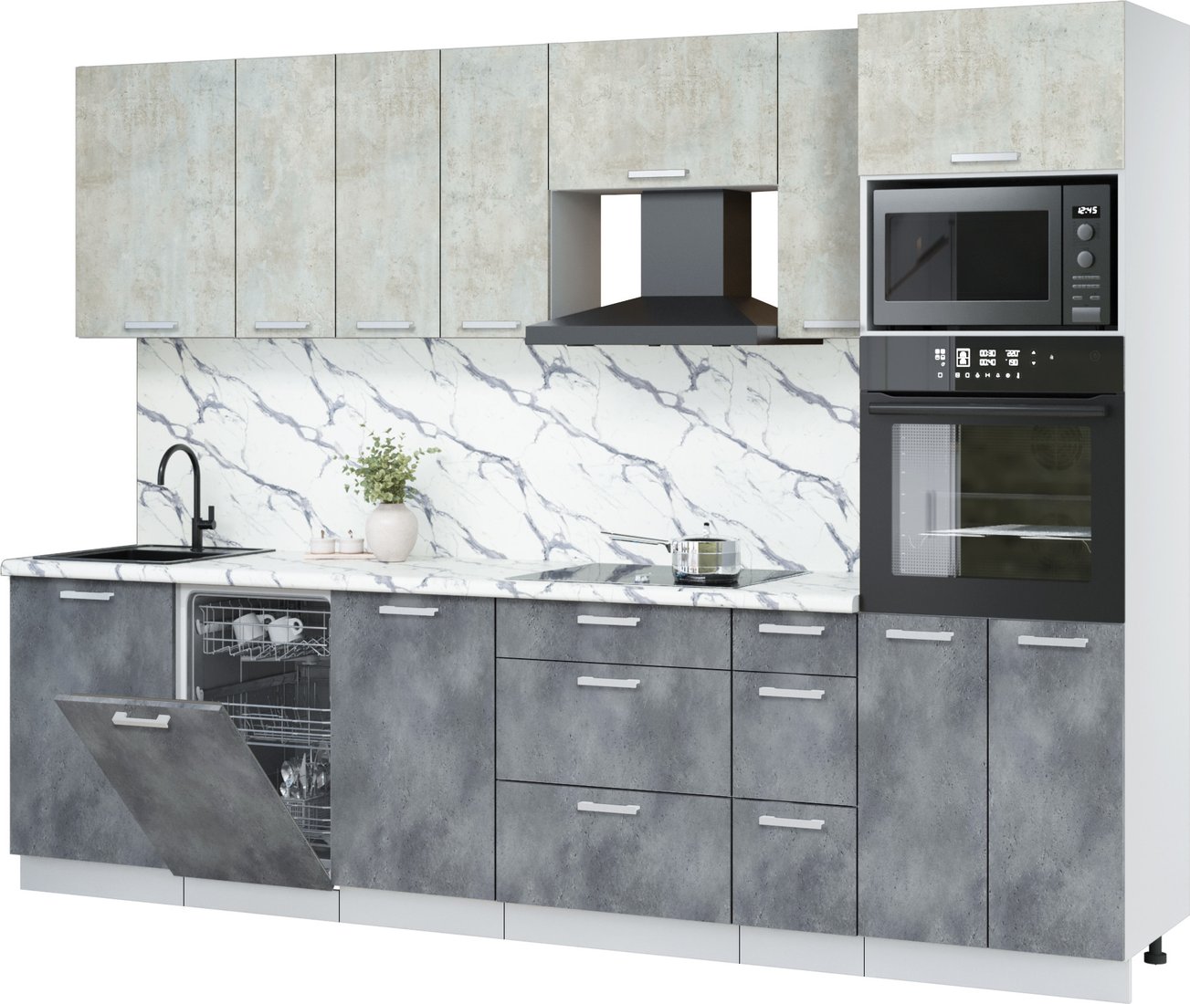 

Готовая кухня Интерлиния Мила Лайт 2.9-ПМ3 (бетон лайт/бетон портленд/белый гранит)