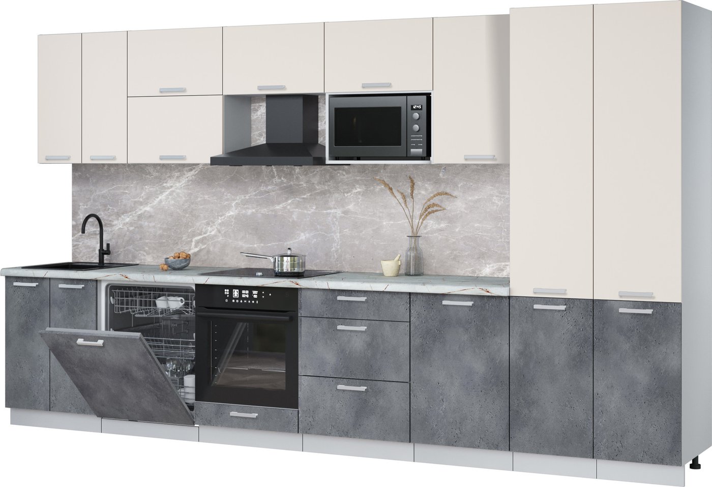 

Готовая кухня Интерлиния Мила Лайт 3.7-ПМ2 (персидский жемчуг/бетон портленд/серый каспий)