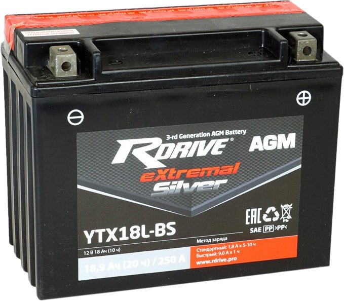 

Мотоциклетный аккумулятор RDrive eXtremal Silver YTX18L-BS (18.9 А·ч, 250 А)