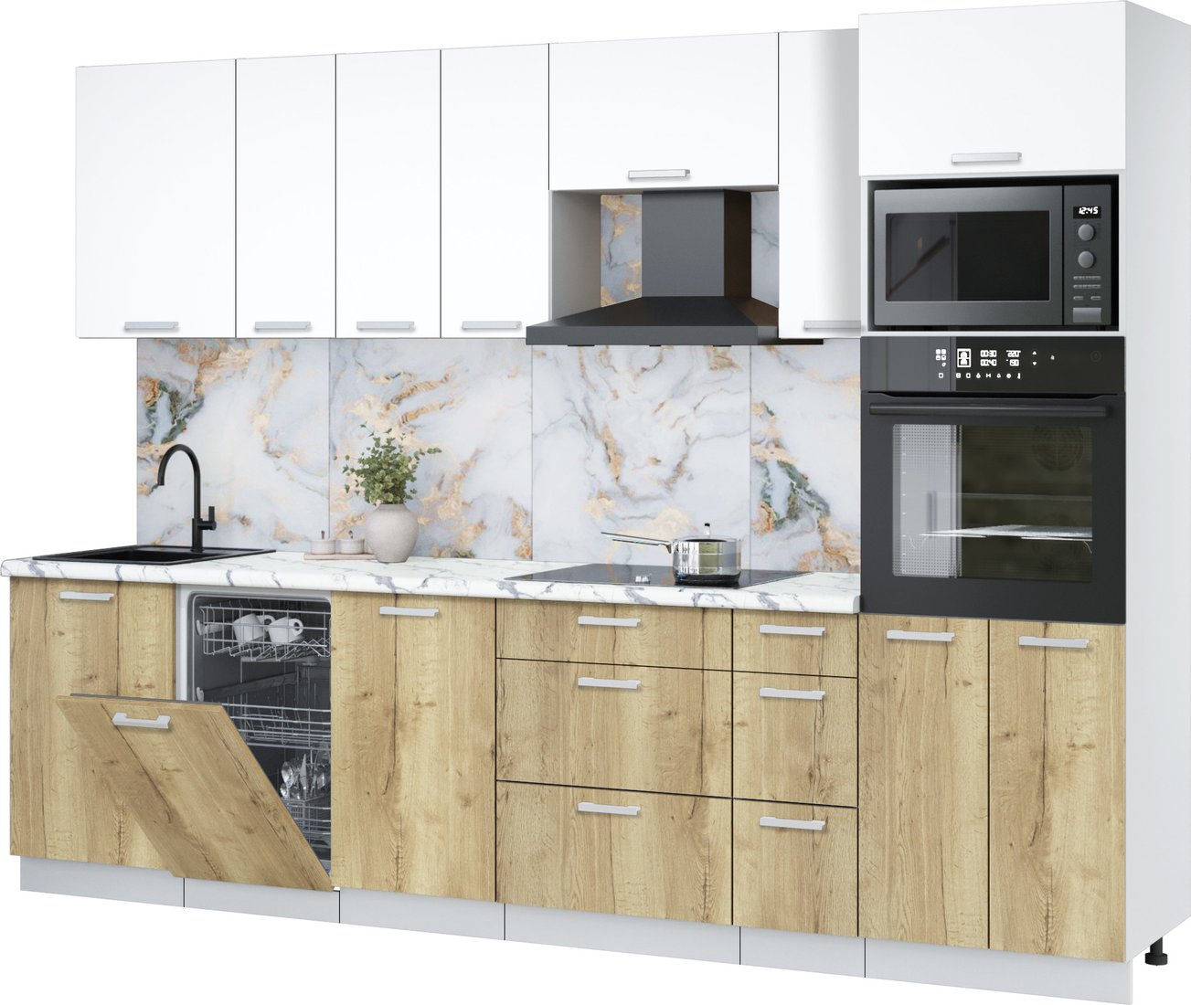 

Готовая кухня Интерлиния Мила Лайт 2.9-ПМ3 (белый платинум/дуб золотой/белый гранит)