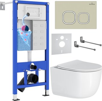 Унитаз подвесной Roxen Vortex в комплекте с инсталляцией StounFix Dual Fresh 6 в 1 966620 (кнопка: бежевый)