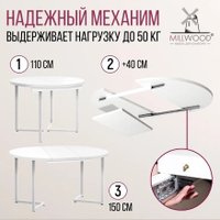 Кухонный стол Millwood Лофт Лондон раздвижной D110-150x110x76 (белый/металл белый)