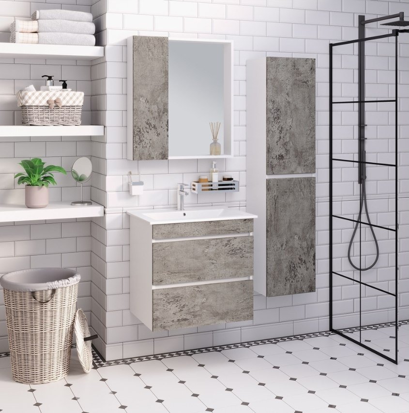 

Runo Тумба с умывальником Runo Манхэттен 75 + Оскар 75 (подвесная, серый бетон)