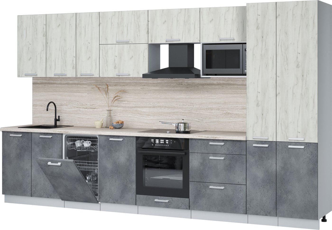 

Готовая кухня Интерлиния Мила Лайт 3.6-ПМ4 (дуб белый/бетон портленд/травертин серый)