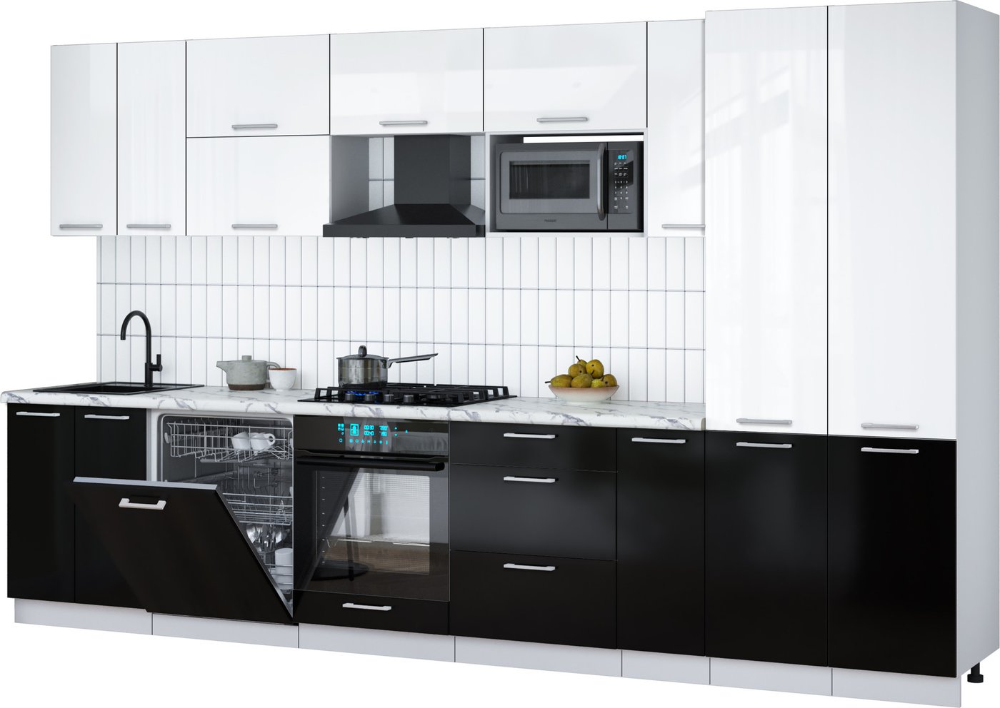 

Готовая кухня Интерлиния Мила Gloss 3.5-ПМ2 (черный глянец/белый глянец/белый гранит)