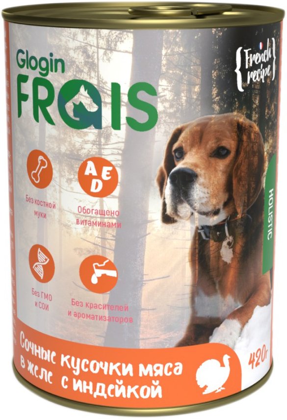 

Консервированный корм для собак Frais Holistic Dog мясные кусочки с индейкой в желе (420г)