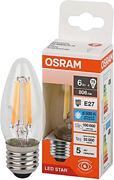 

Светодиодная лампочка Osram LS B75 6W/865 E27 230V CL FIL