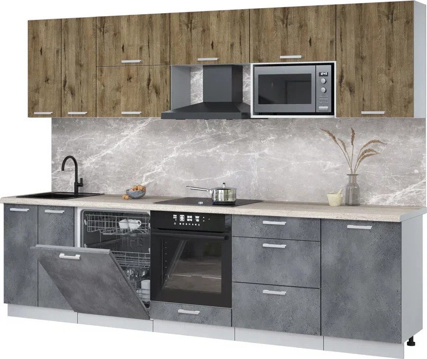 

Готовая кухня Интерлиния Мила Лайт 2.9-ПМ2 (дуб веллингтон/бетон портленд/травертин серый)