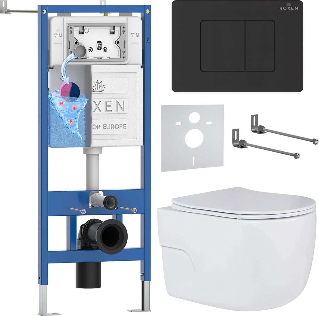 

Унитаз подвесной Roxen Porto в комплекте с инсталляцией StounFix Dual Fresh 6 в 1 868500 (кнопка: черный матовая)