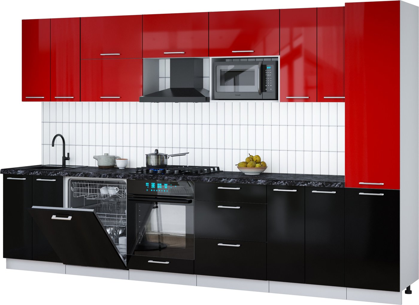 

Готовая кухня Интерлиния Мила Gloss 3.4-ПМ2 (черный глянец/красный глянец/кастилло темный)