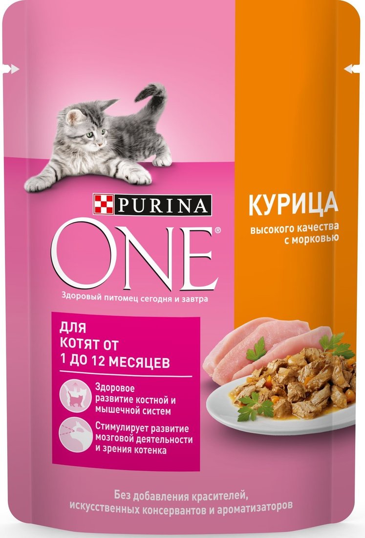 

Пресервы Purina ONE для котят с курицей и морковью 75 г