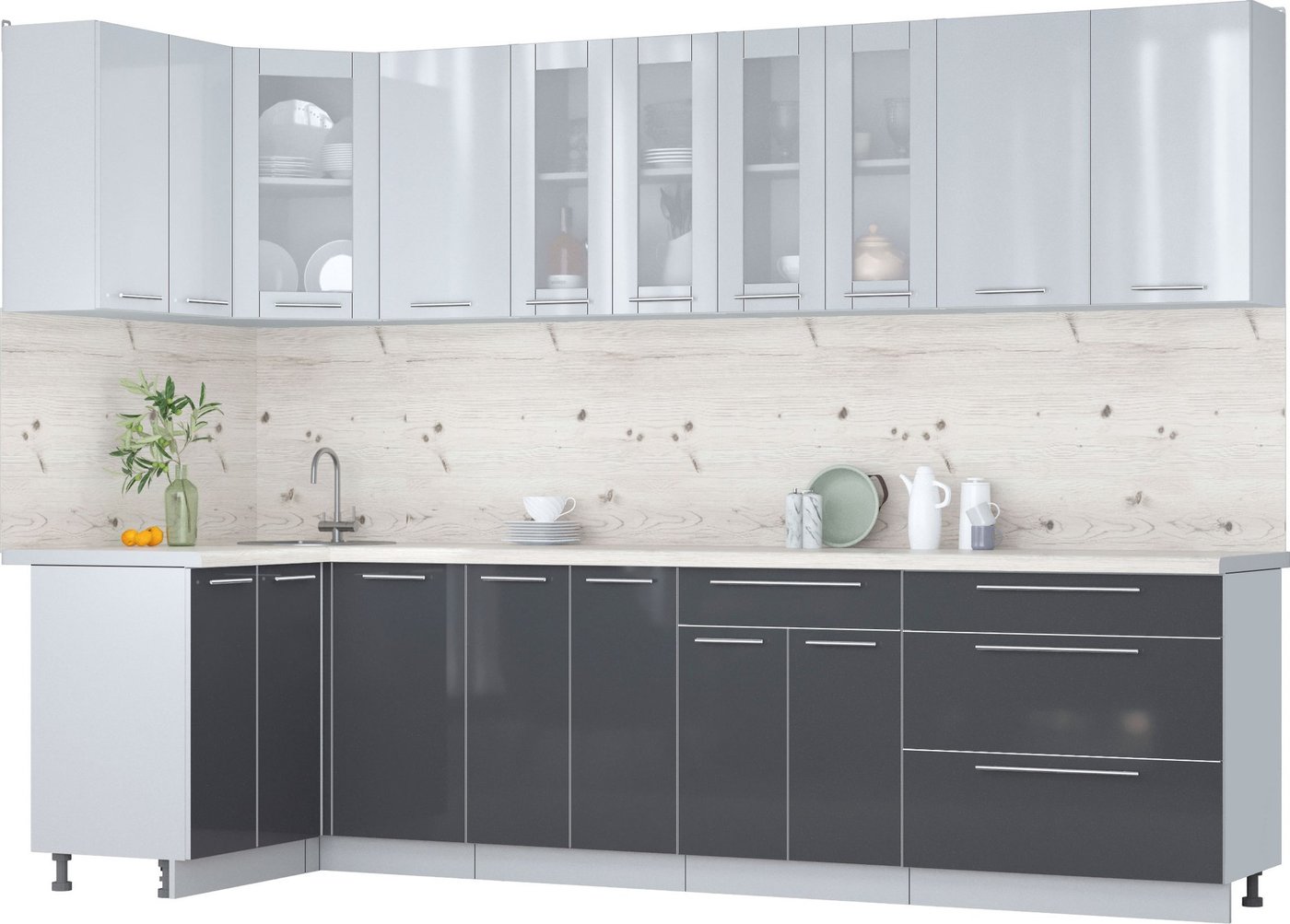 

Готовая кухня Интерлиния Мила Пластик 1.2x3.0 (туманный глянец/антрацит/бискайская сосна)