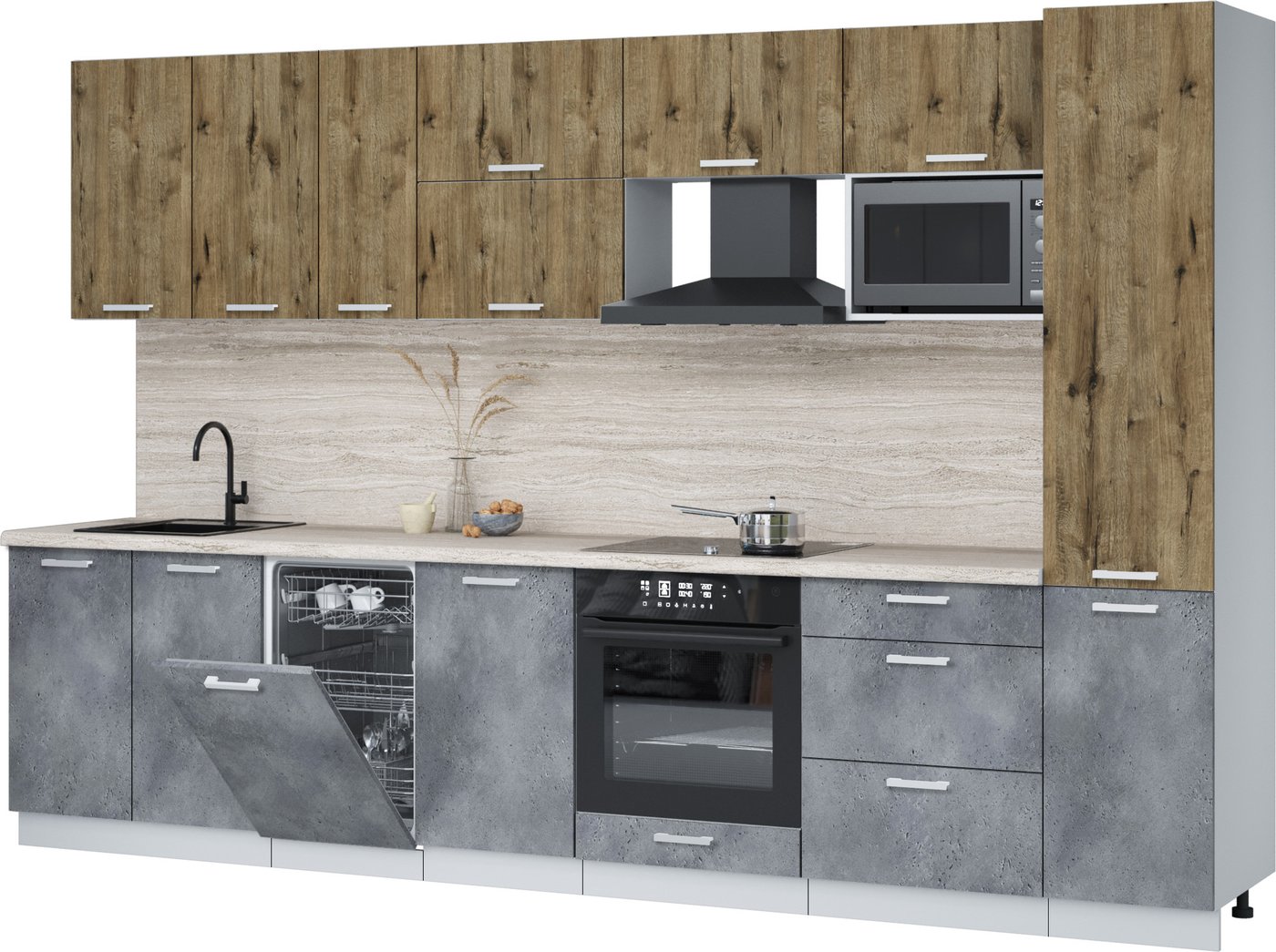 

Готовая кухня Интерлиния Мила Лайт 3.3-ПМ4 (дуб веллингтон/бетон портленд/травертин серый)