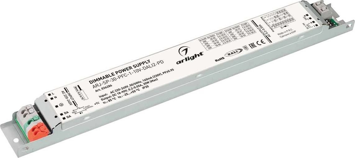 

Диммер для одноцветных лент (без RGB) Arlight ARJ-SP-30-PFC-1-10V-Dali2-PD 18-90V 30W IP20 0,2-0,55A 036286